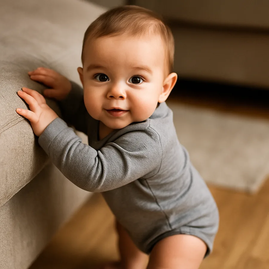 Bebê em pé com apoio no sofá