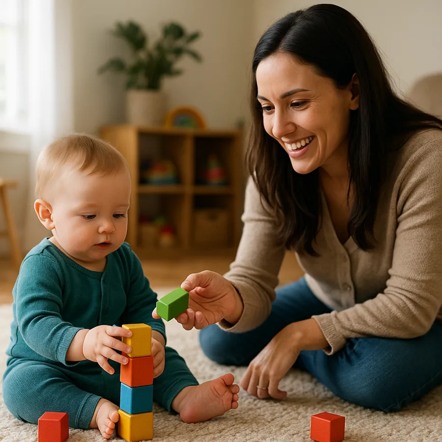 Mãe brincando no chão com o bebê e blocos coloridos